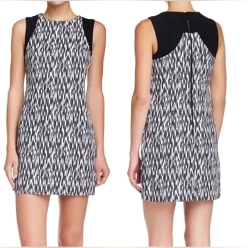 TRINA TURK Blane Shift Sheath Dress Black White Geo Exposed Zipper Workwear